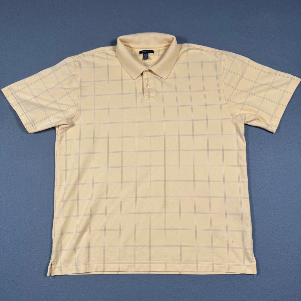 Van Heusen Polo Shirt Mens Large Yellow Plaid Short Sleeve Cotton Blend Casual